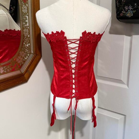 Crepe Suzette Foundations Red Floral Embroidered Satin Boned Lace Up Corset 34 - Picture 4 of 8